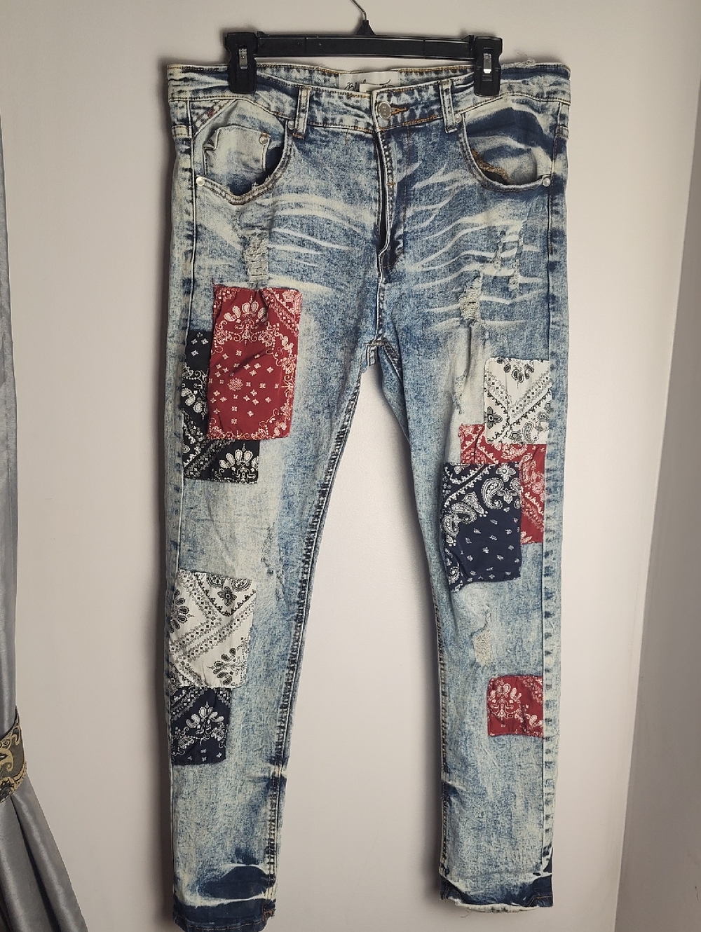 Bleecker & Mercer Bandana Patch Distressed Skinny Jeans Men's Size  43x30